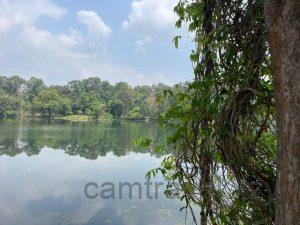 Resting under the shade by Angkor Wat moat after cycling